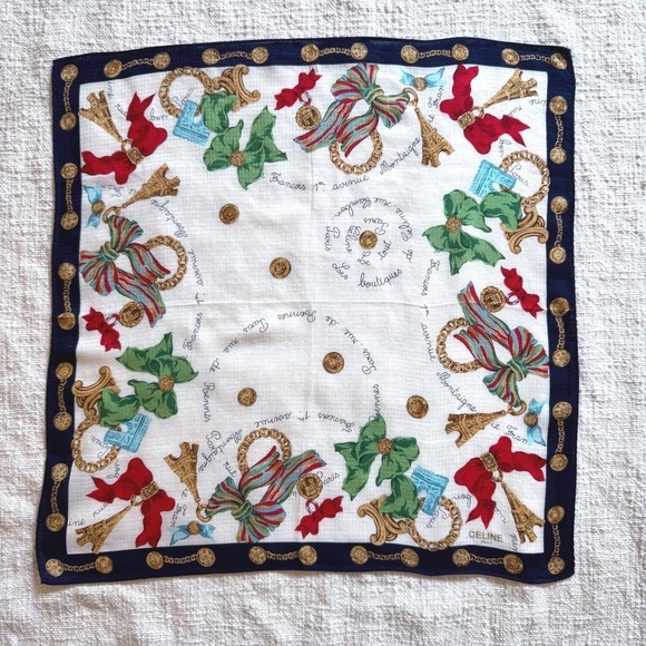 Accessories - Vintage‎ Celine Paris Holiday Cotton Blend Scarf Eiffel Tower Bow Print